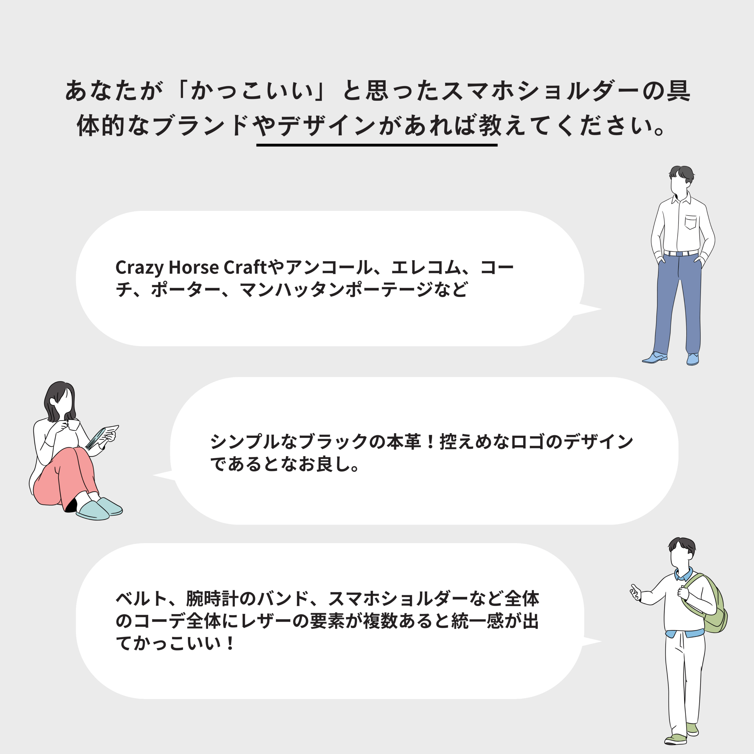 あなたが「かっこいい」と思ったスマホショルダーの具体的なブランドやデザインがあれば教えてください。の自由記述抜粋