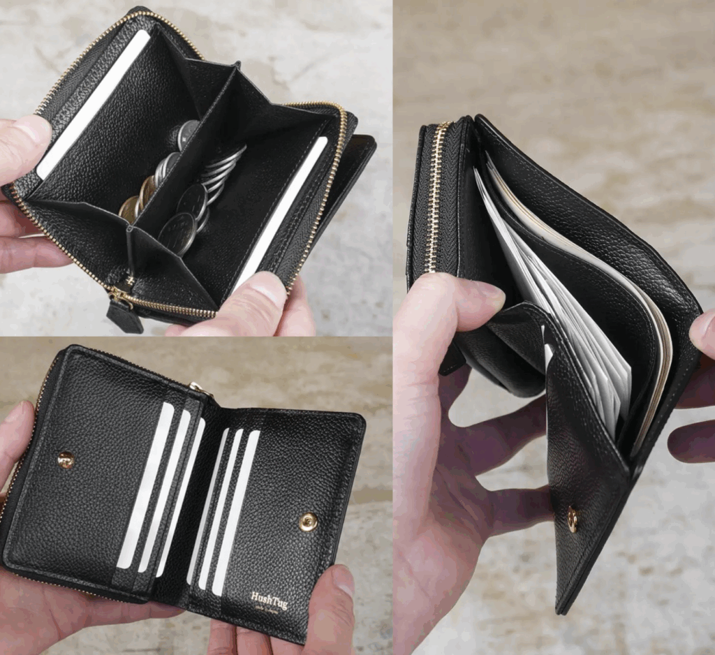 HushTugのミディアムウォレットの機能性、容量を表す画像