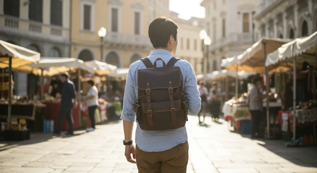 海外旅行でリュックを使用する男性のイメージ