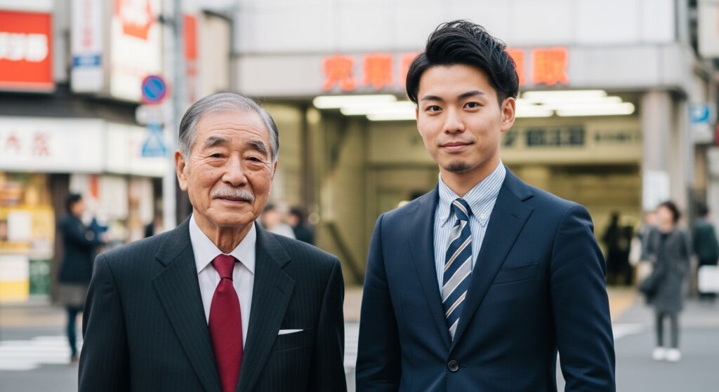 年代の違うスーツ姿の男性2人