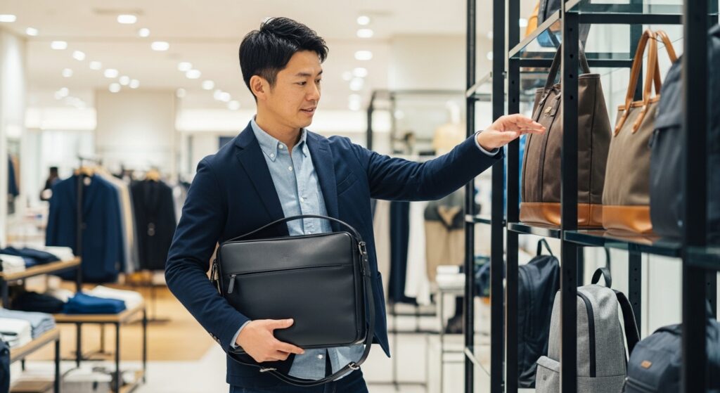 バッグを選んでいる男性の画像