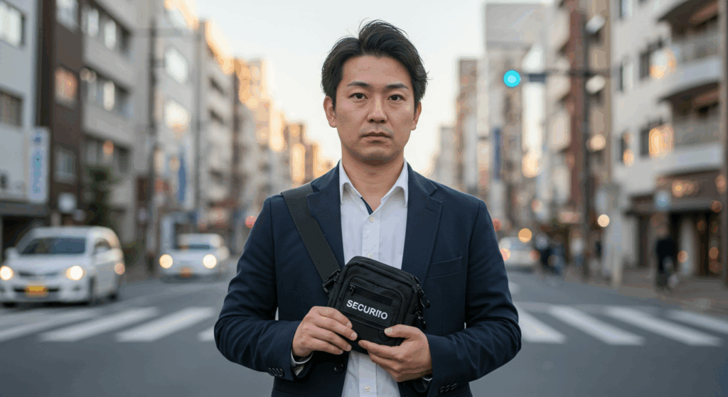 セキュリティポーチを持った男性