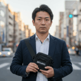 セキュリティポーチを持つ男性