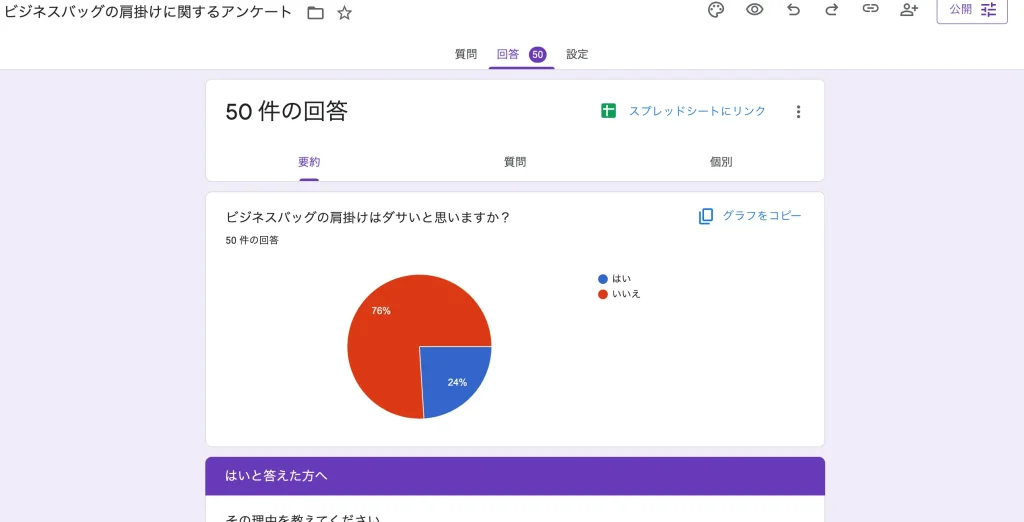 ビジネスバッグの肩掛けに関するアンケートを実施したことを示す画像