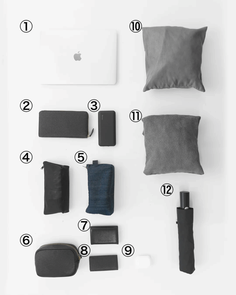 HushTug「レザーバックパック　ブラック」の収納感を示すための荷物一覧