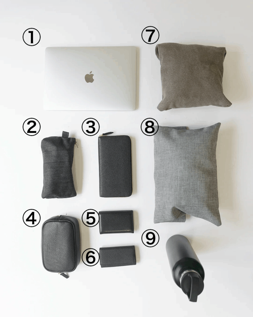 HushTug「オーバーレイバックパック」の収納感を示すための荷物の内容