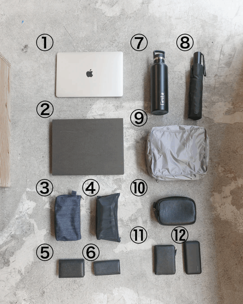 HushTug「スクエアバックパック　ブラック」の収納感を示すための荷物の内容