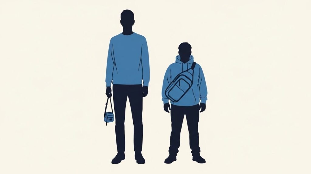 体格の違う二人の男性がボディバッグを持っているイメージ