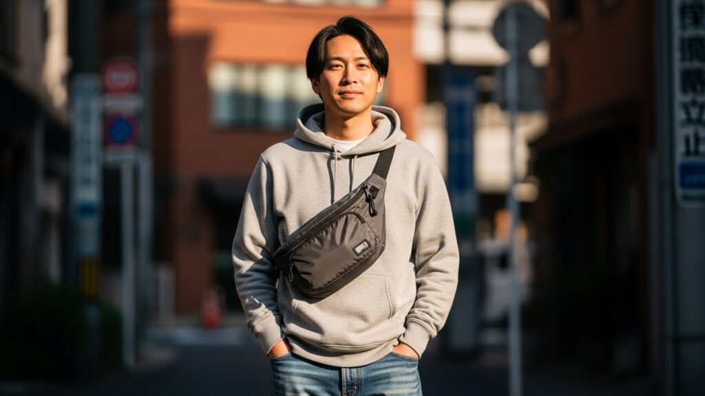 ボディバッグを着用している男性