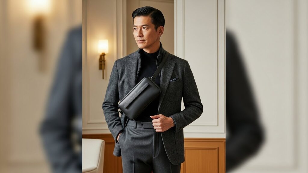ボディバッグを着用したジャケットスタイルの男性