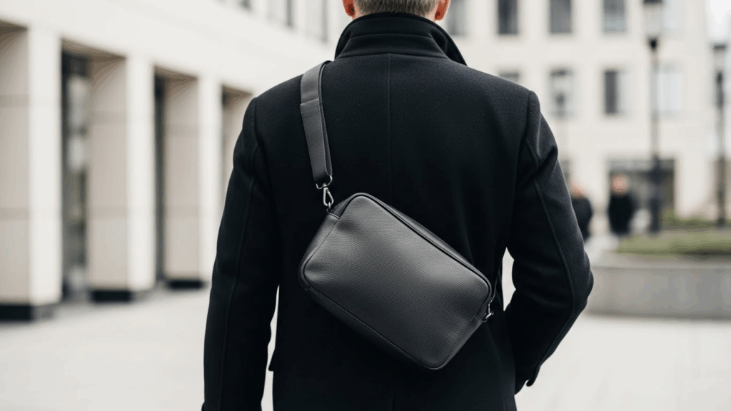 黒の本革ボディバッグを斜め掛けにした50代男性が、黒いコートやジャケットの上に自然に身につけて歩いているシーン。バッグは身体にフィットし、後ろ姿から革の質感がわかる。背景は都会のオフィス街で、落ち着いたモノトーン調。黒・ダークカラーがどんな服にも馴染む“上質さ”を表現した画像。