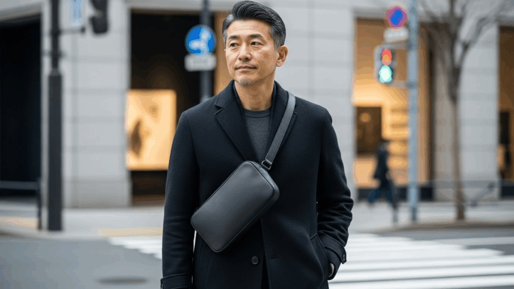 黒の本革ボディバッグのクローズアップ写真。自然光が当たり、革の凹凸やしっとりした質感が美しく浮かび上がる。ロゴはなくミニマル。背景はライトグレーの壁や都会のビルの質感。50代の落ち着きを引き立てる“静かな高級感”が直感的に伝わる上品な物撮り。