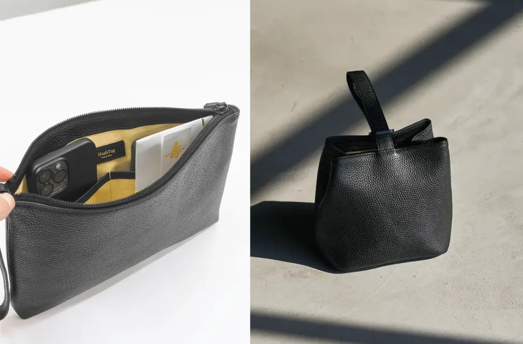 HushTugのマルチケースと巾着バッグを並べた画像