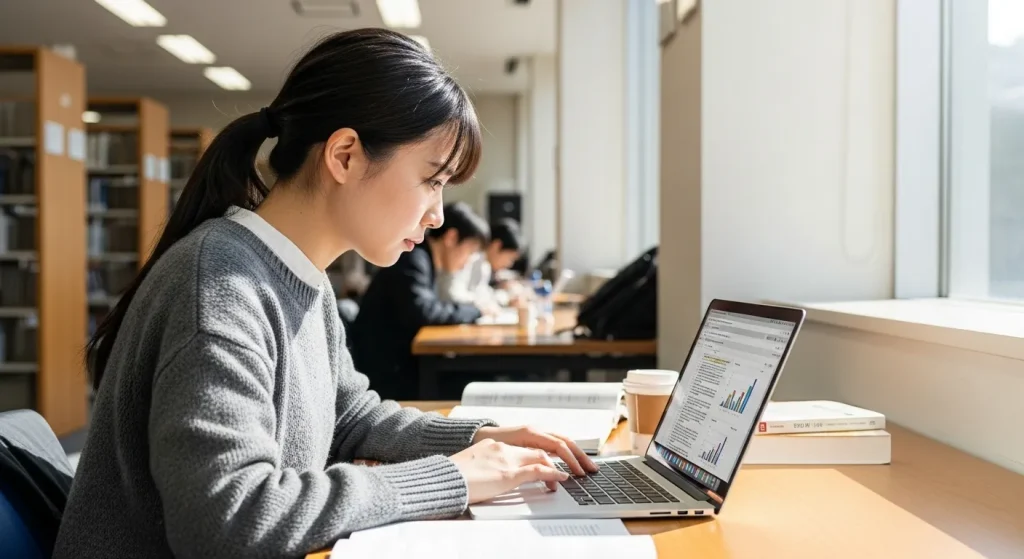 PCでレポートを作成する大学生のイメージ