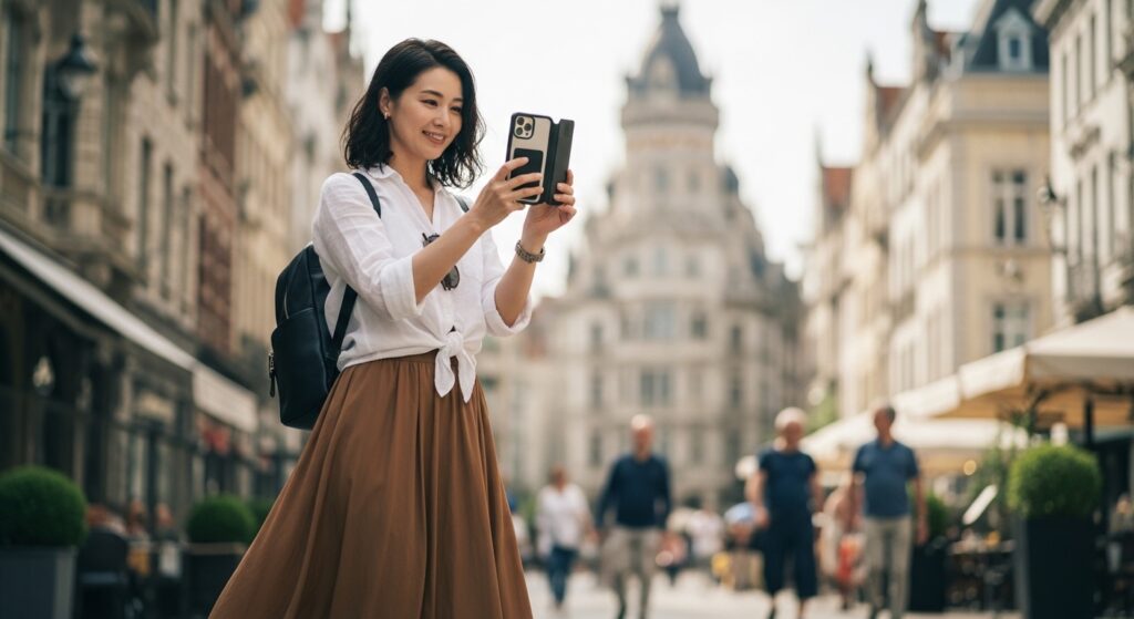 旅行でリュックを身につけた女性の画像