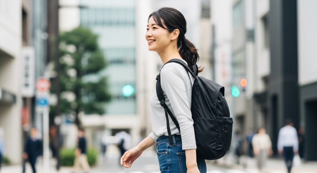 旅行でリュックを身につけた女性の画像