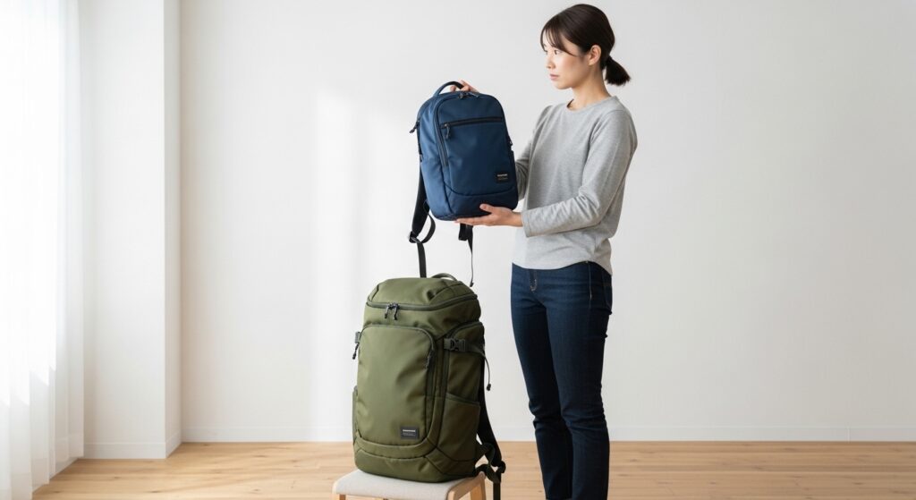 女性が旅行用のリュックを選んでいる画像