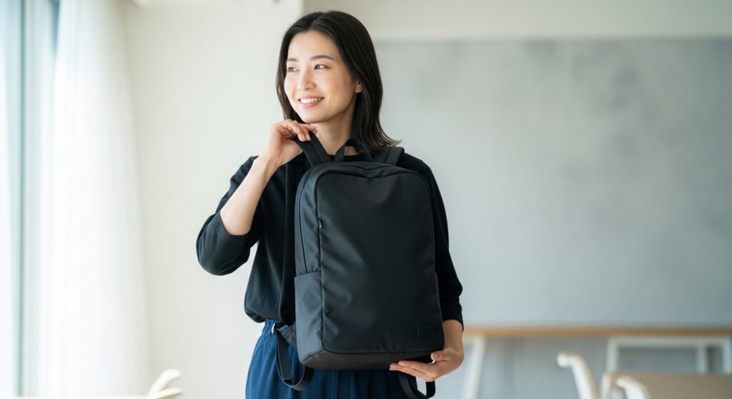 本体が軽いリュックを持っている女性の画像