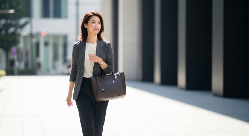 40代女性がトートバッグを身につけている画像