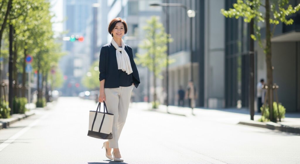 40代女性がトートバッグを持っている画像