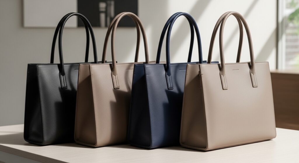 四つの色の異なるトートバッグを配置した画像