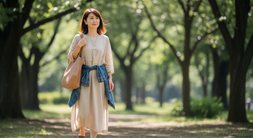 40代女性がトートバッグを持っている画像