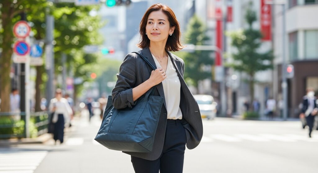 40代女性がナイロントートバッグを身につけている画像