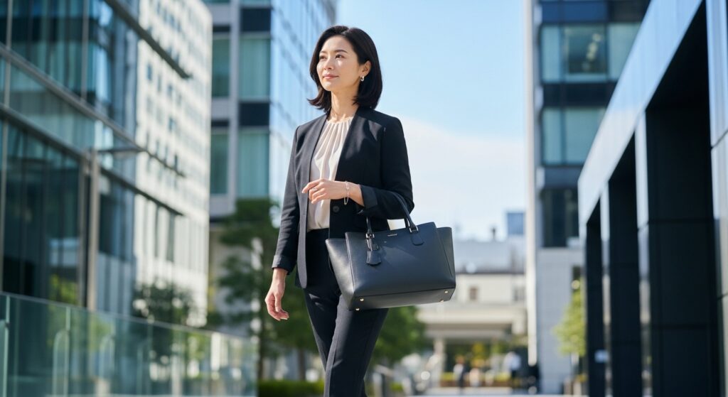 40代女性が通勤用トートバッグを身につけている画像