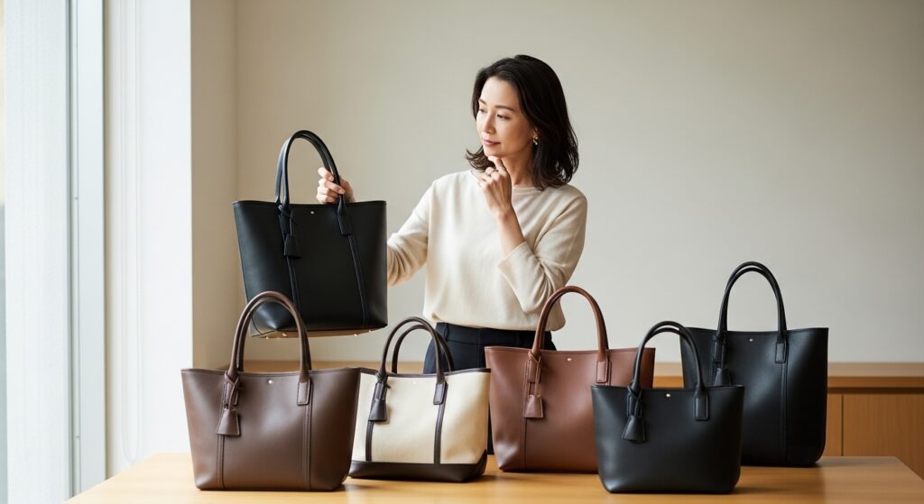 女性が複数のトートバッグを比較検討している画像